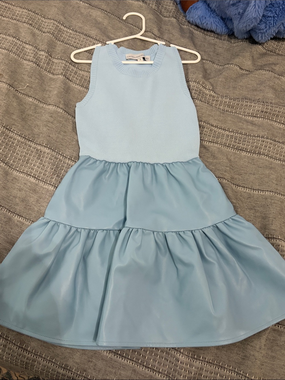 Central Park West Kid Light Blue Tiered Knit & Satin Girls' Dress